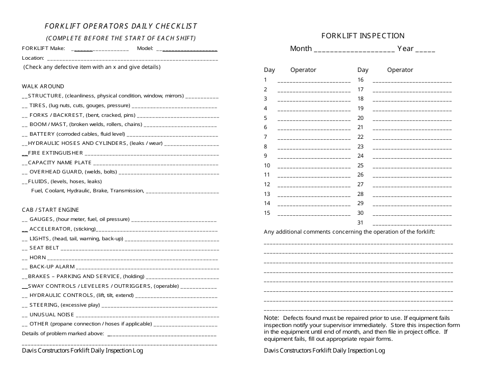 Forklift Operators Daily Checklist and Inspection Form Davis Constructors & Engineers, Inc