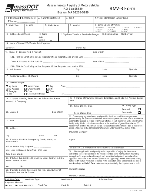 Form RMV-3 Massachusetts Registry of Motor Vehicles - Massachusetts