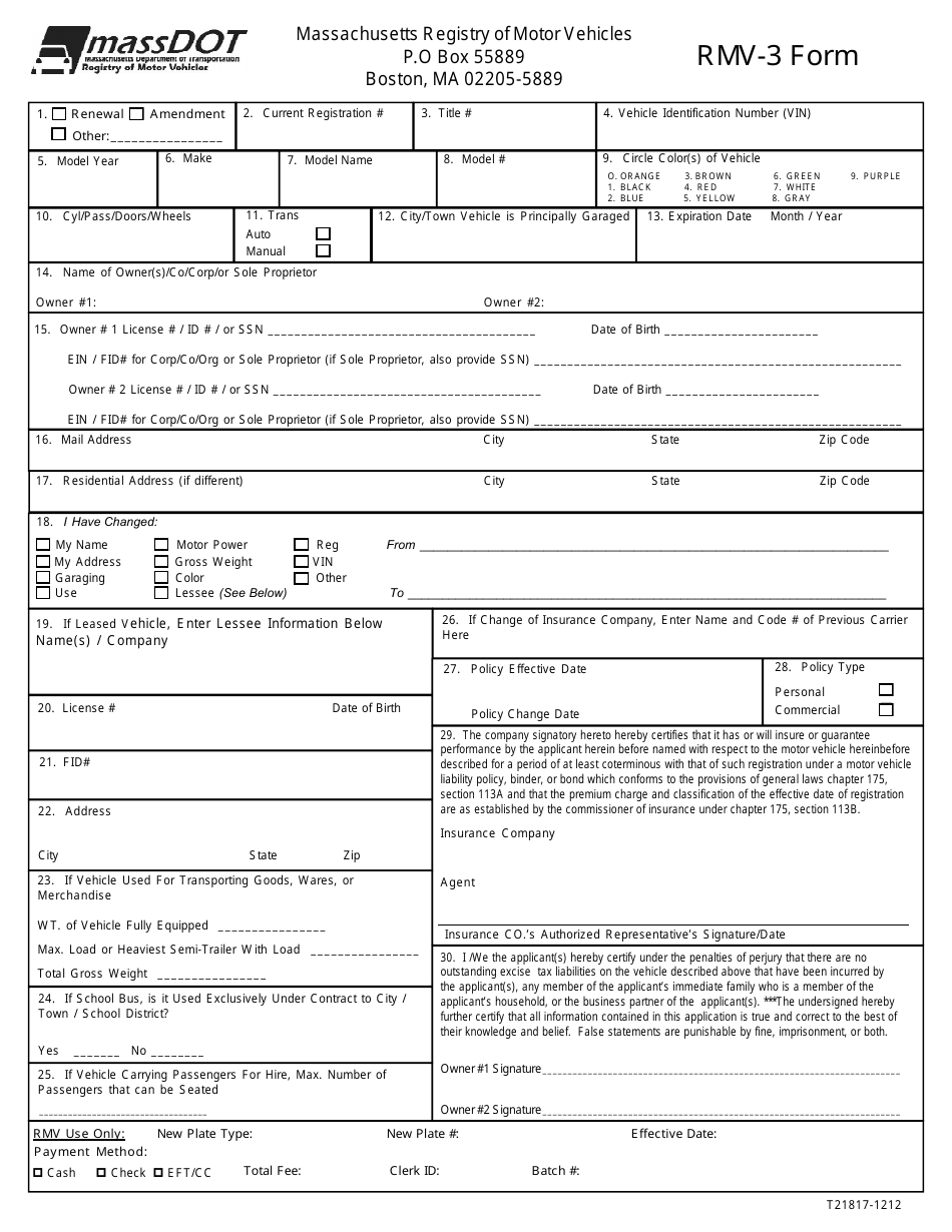 Form RMV-3 Massachusetts Registry of Motor Vehicles - Massachusetts, Page 1