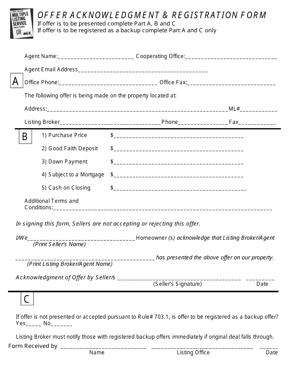 Offer Acknowledgment  Registration Form - Long Island Multiple Listing Service Realtors, Page 1