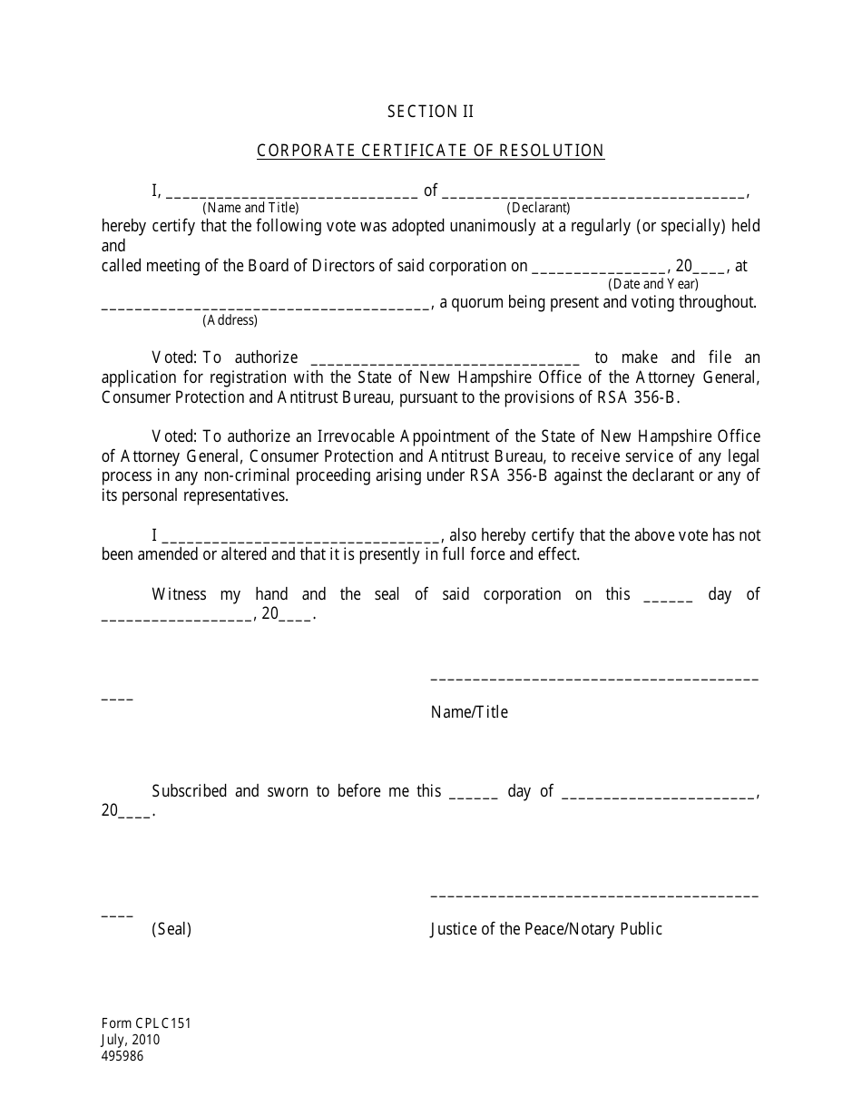 Form CPLC151 Section II Corporate Certificate of Resolution - New Hampshire, Page 1
