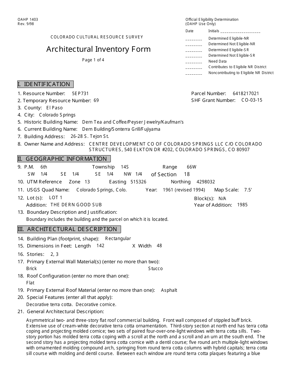 Form OAHP1403 Architectural Inventory Form - Colorado Cultural Resource Survey - Colorado, Page 1
