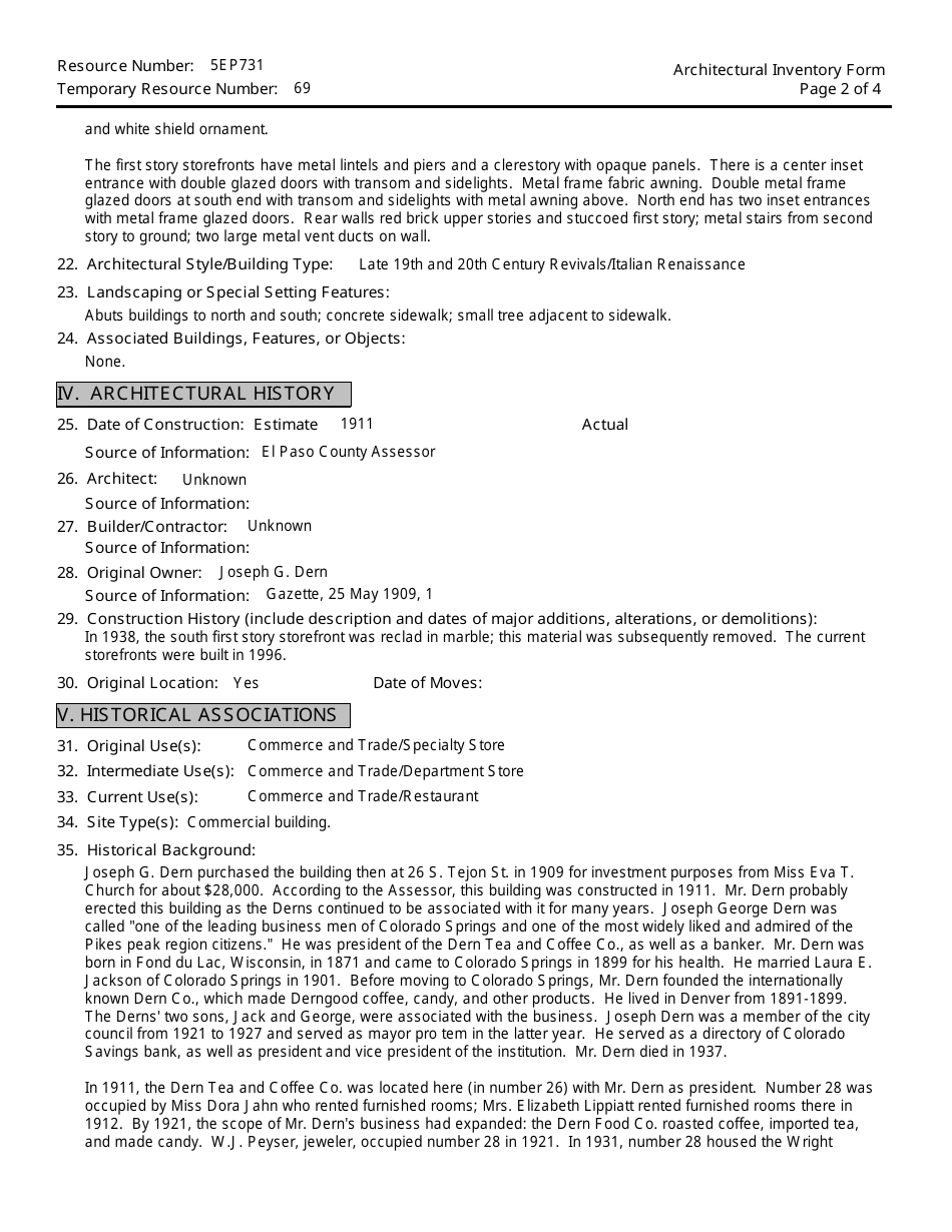 Form OAHP1403 Architectural Inventory Form - Colorado Cultural Resource Survey - Colorado, Page 2
