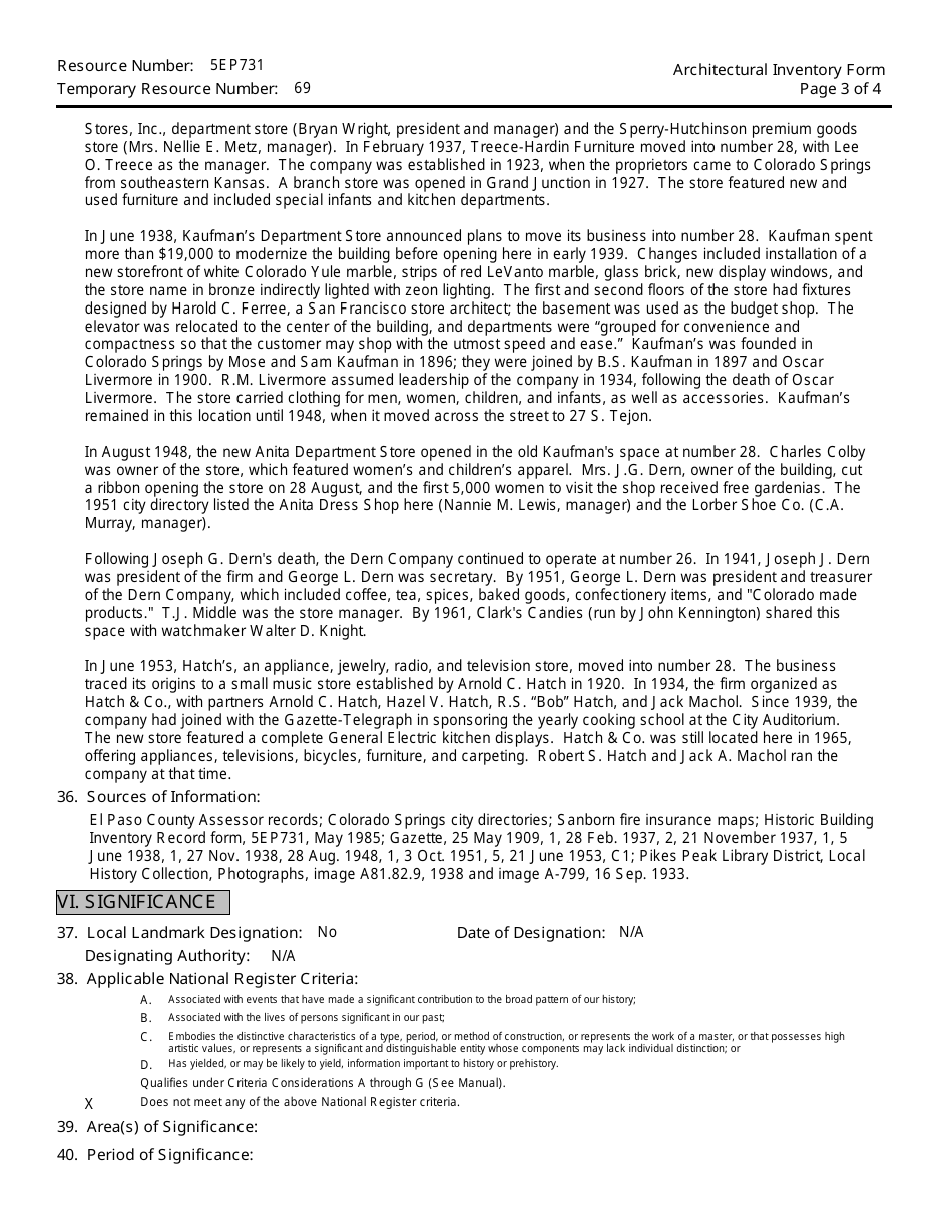 Form OAHP1403 Architectural Inventory Form - Colorado Cultural Resource Survey - Colorado, Page 3
