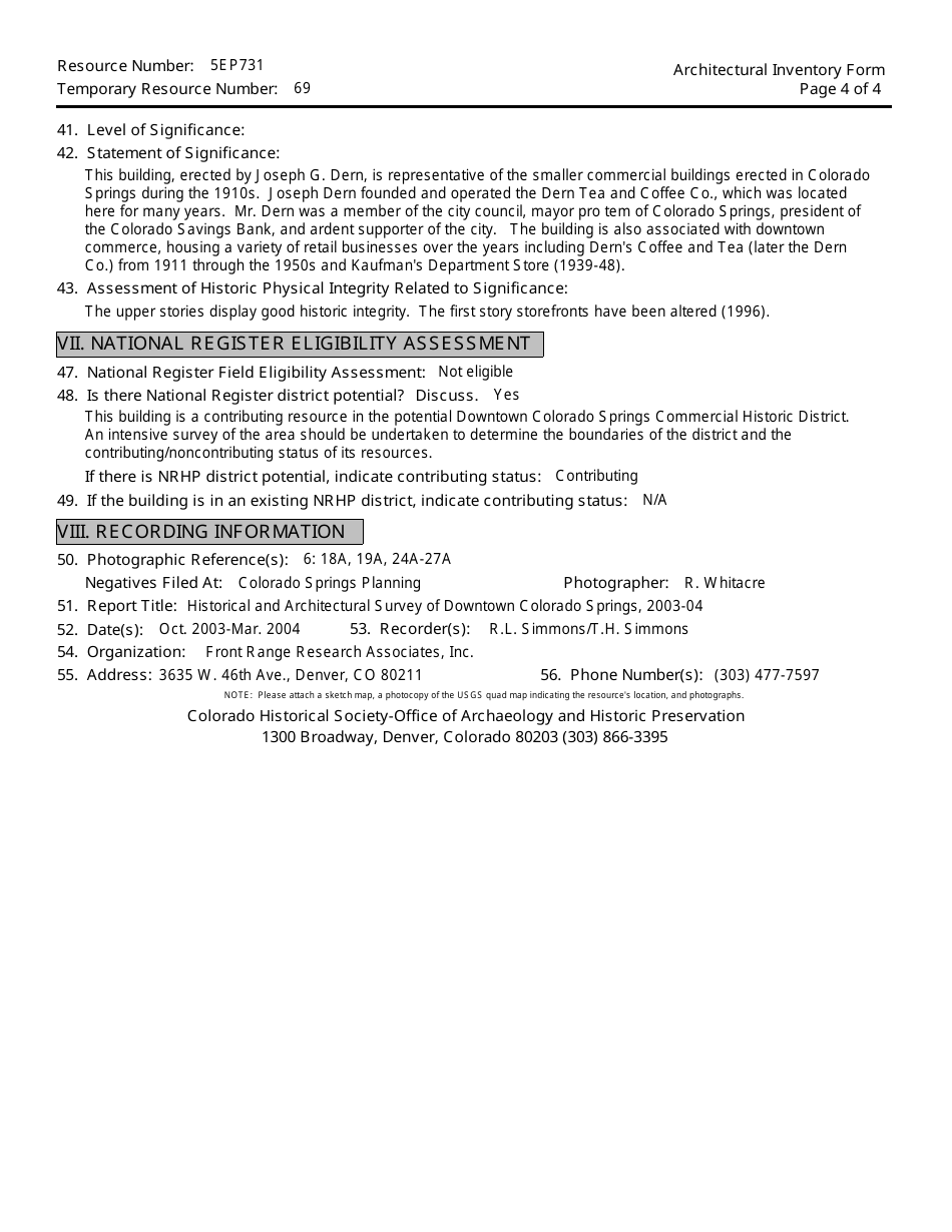 Form OAHP1403 Architectural Inventory Form - Colorado Cultural Resource Survey - Colorado, Page 4