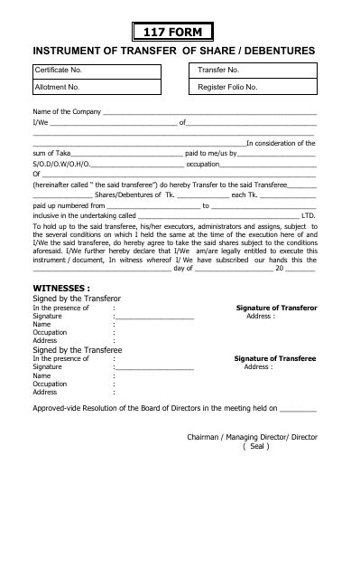 Form 117 Instrument of Transfer of Share / Debentures - Bangladesh