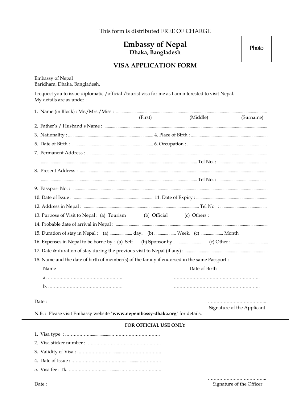 Nepal Visa Application Form - Embassy of Nepal - Dhaka, Bangladesh, Page 1