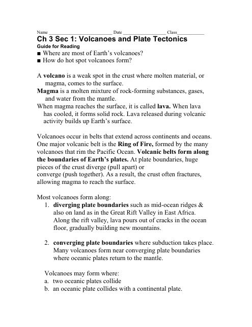 Volcanoes and Plate Tectonics Reading Comprehension Worksheet