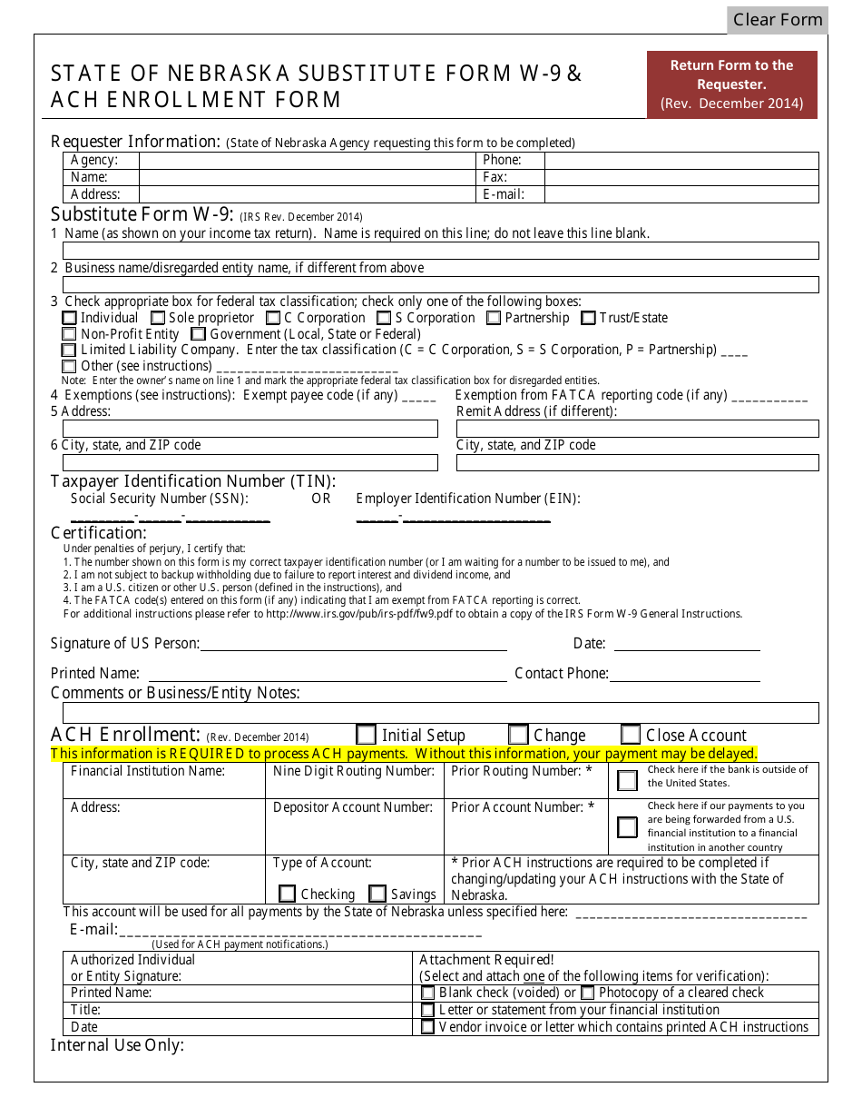 State of Nebraska Substitute Form W-9  ACH Enrollment Form - Nebraska, Page 1