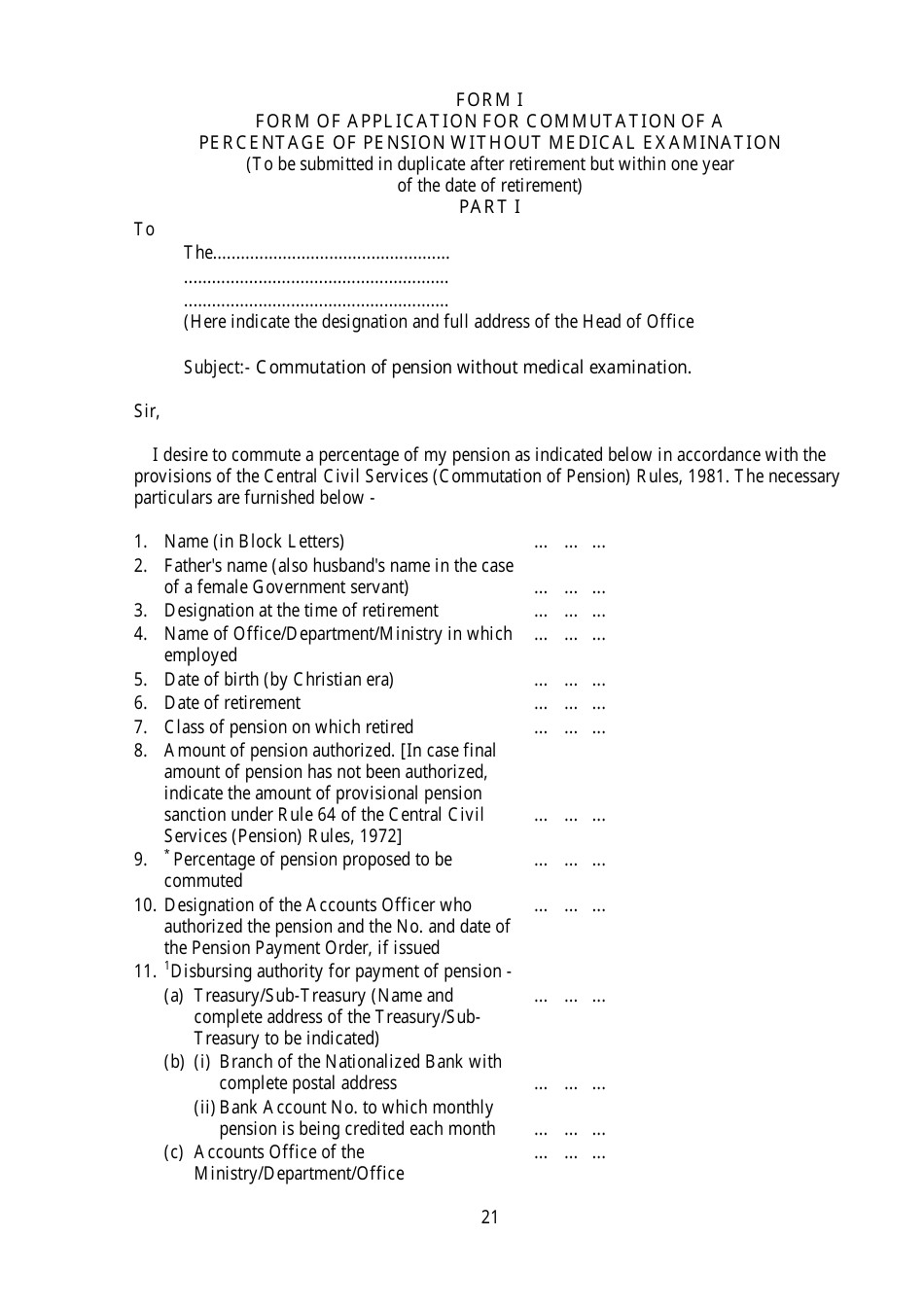 Form I Form of Application for Commutation of a Percentage of Pension Without Medical Examination - India, Page 1