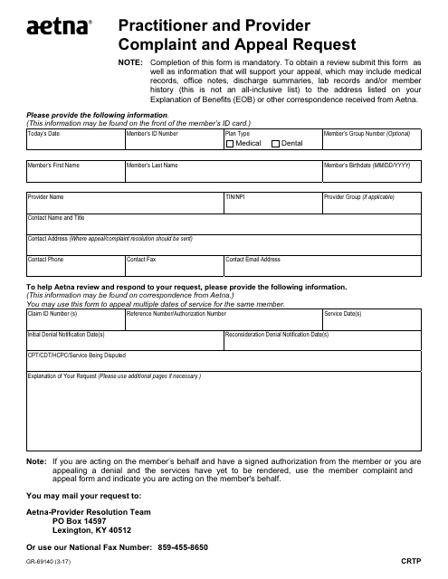 Form GR-69140 Practitioner and Provider Complaint and Appeal Request