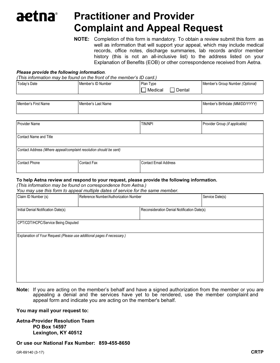 Form GR-69140 Practitioner and Provider Complaint and Appeal Request, Page 1