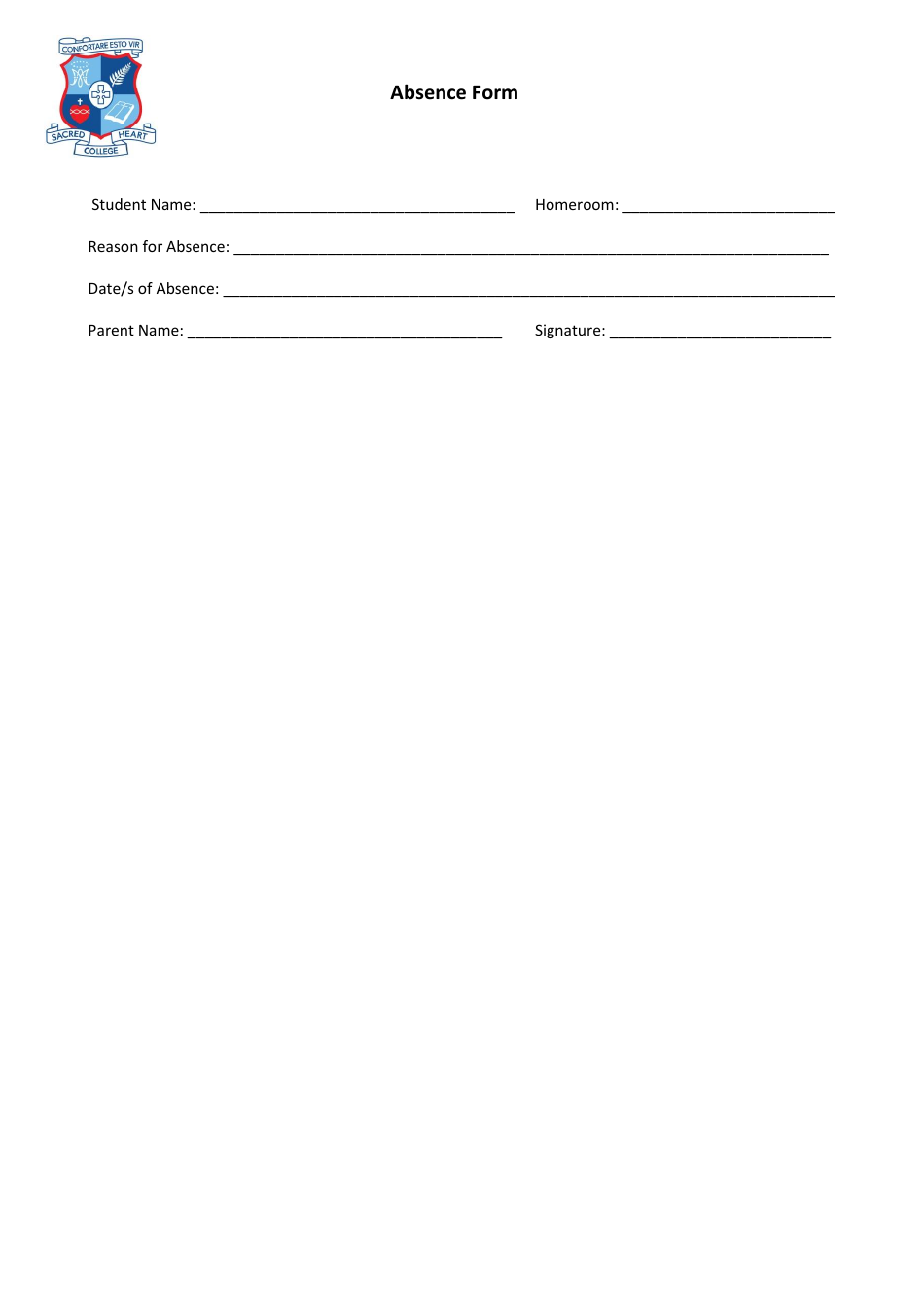 Student Absence Form - Sacred Heart College, Page 1