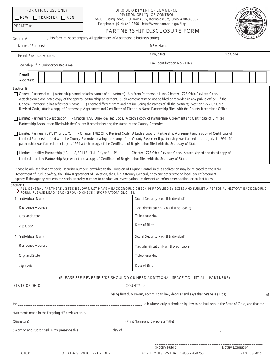 Form DLC4031 Partnership Disclosure Form - Ohio, Page 1