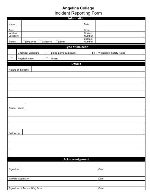 &quot;Incident Reporting Form - Angelina College&quot; Download Pdf