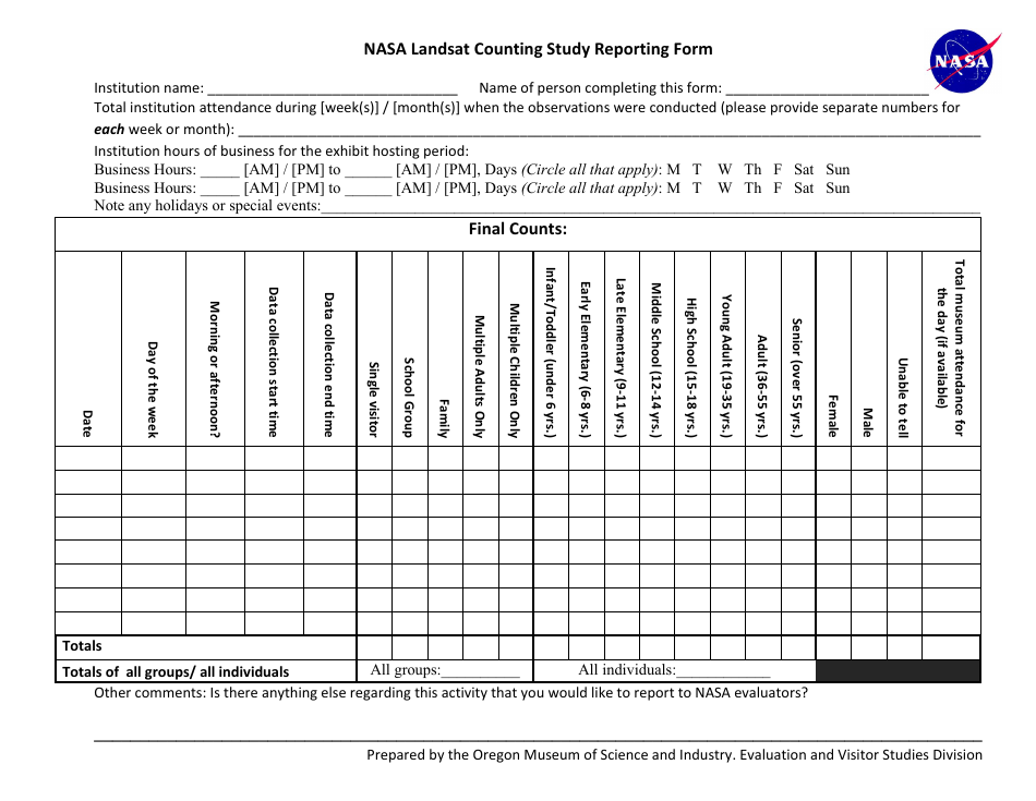 Counting Study Reporting Form, Page 1