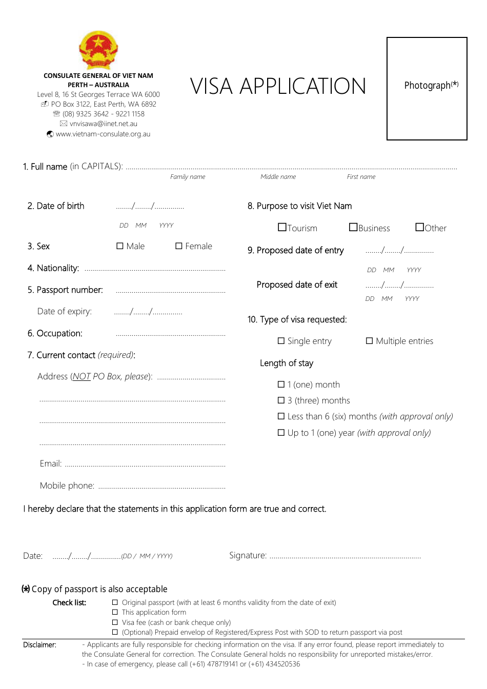 Vietnam Visa Application Form - Consulate General of Viet Nam - Perth, Western Australia, Australia, Page 1
