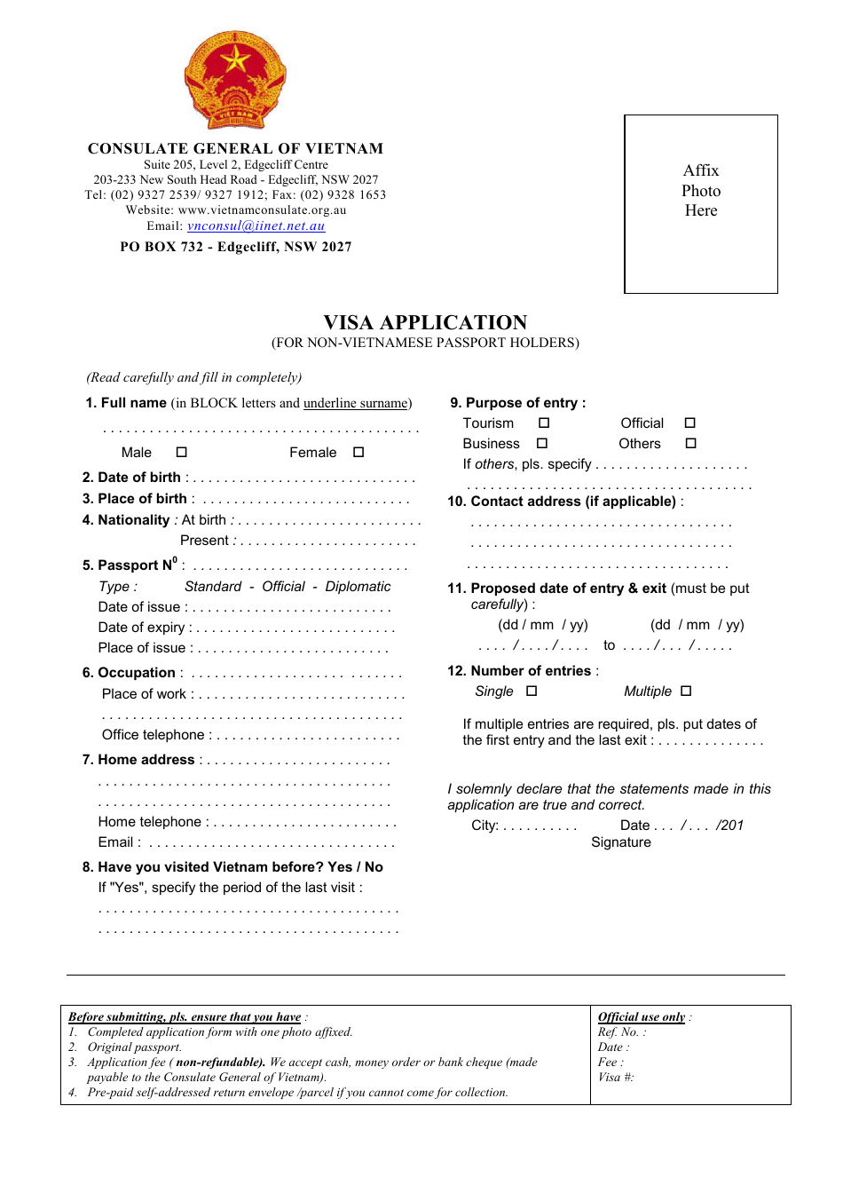 Vietnam Visa Application Form - Consulate General of Vietnam - Edgecliff, New South Wales, Australia, Page 1