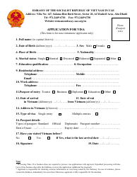 Document preview: Application for Vietnam Visa - Embassy of the Socialist Republic of Viet Nam - Abu Dhabi, United Arab Emirates
