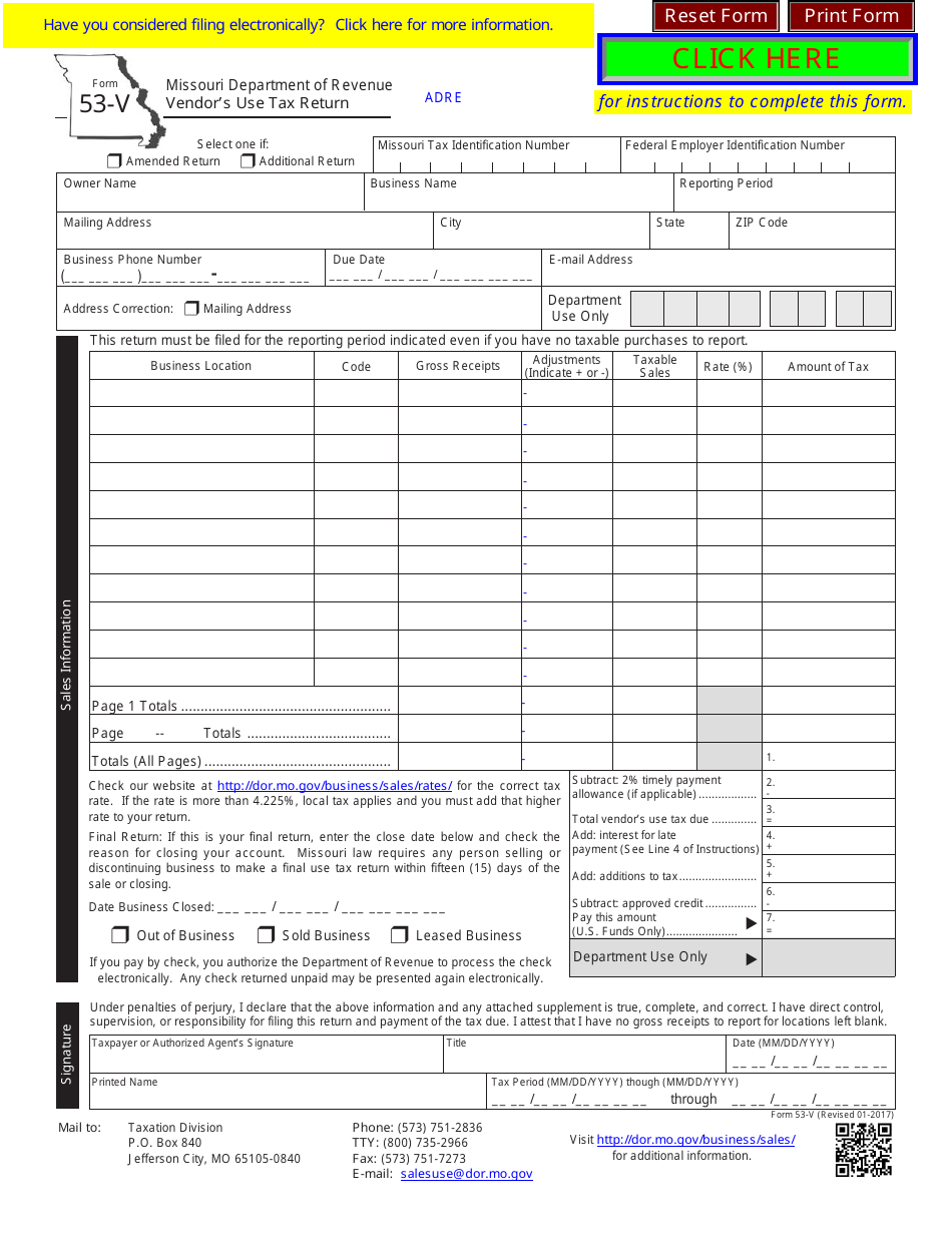 Form 53-v Vendors Use Tax Return - Missouri, Page 1