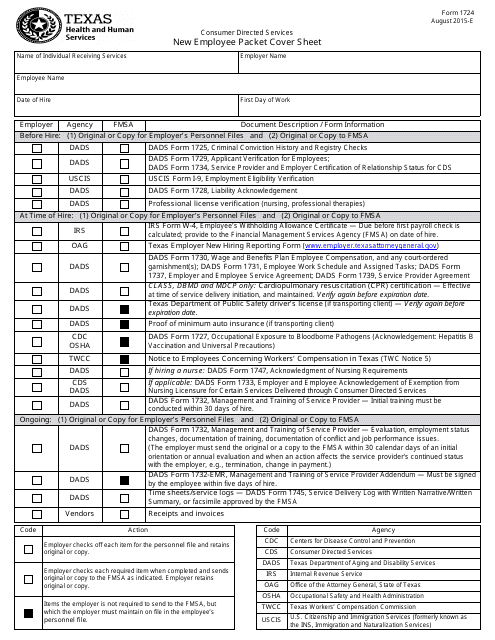 Form 1724 New Employee Packet Cover Sheet - Texas