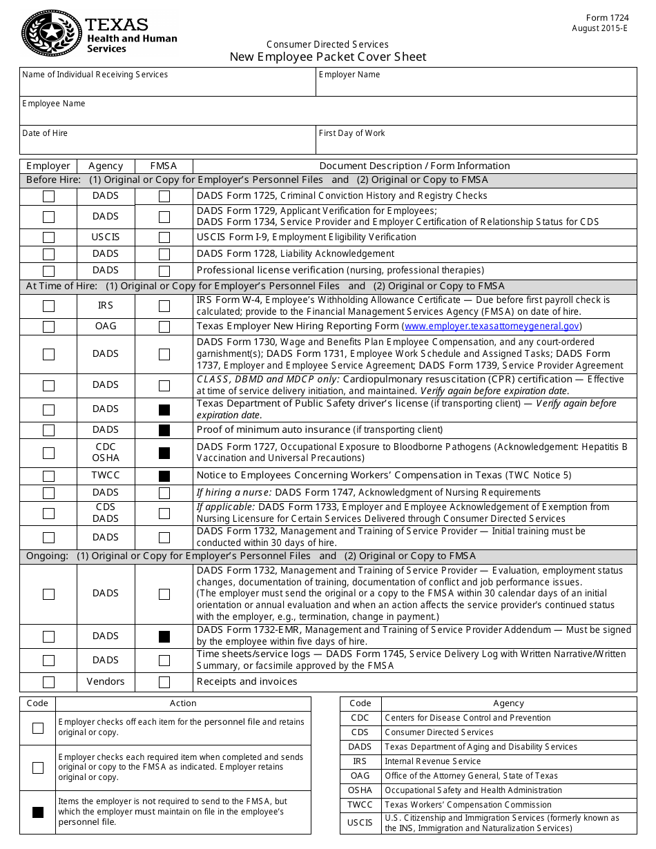 Form 1724 New Employee Packet Cover Sheet - Texas, Page 1
