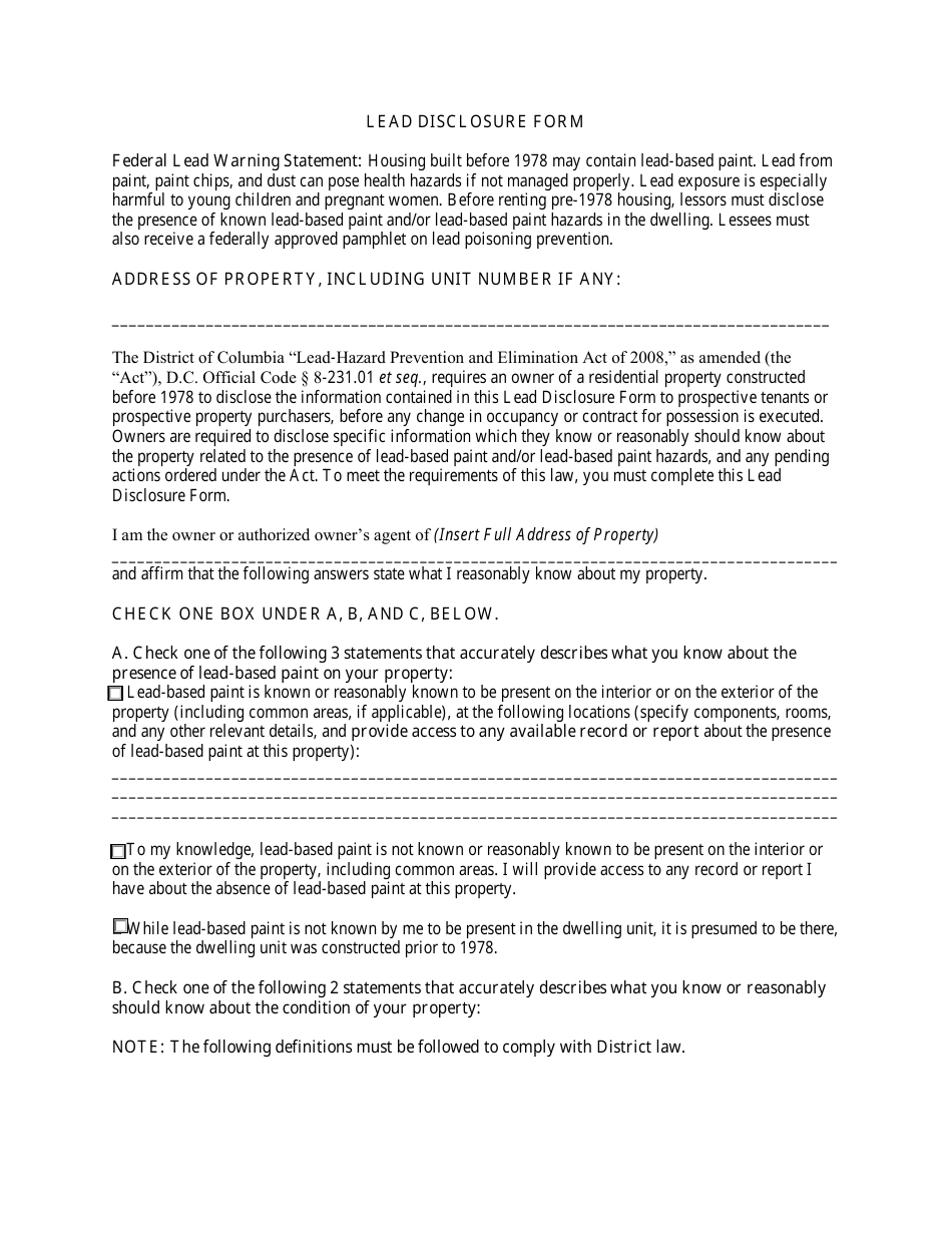 Washington, D.C. Lead Disclosure Form Download Fillable PDF