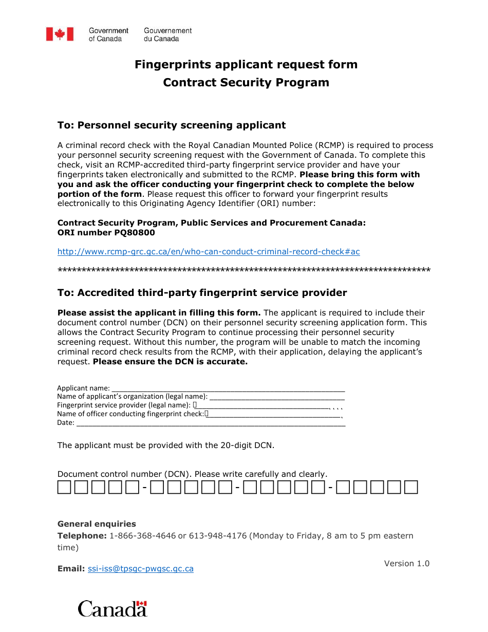 Fingerprints Applicant Request Form - Contract Security Program - Canada, Page 1
