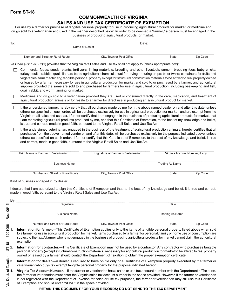 Form ST-18 Sales and Use Tax Certificate of Exemption - Virginia, Page 1