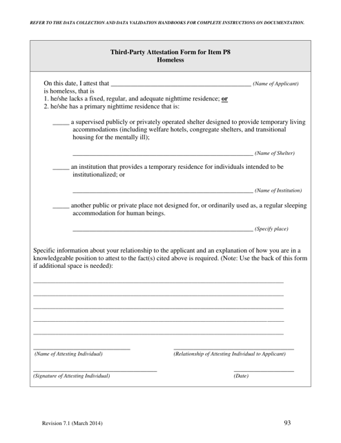 Third-Party Attestation Form for Item P8 - Homeless - North Carolina Download Pdf