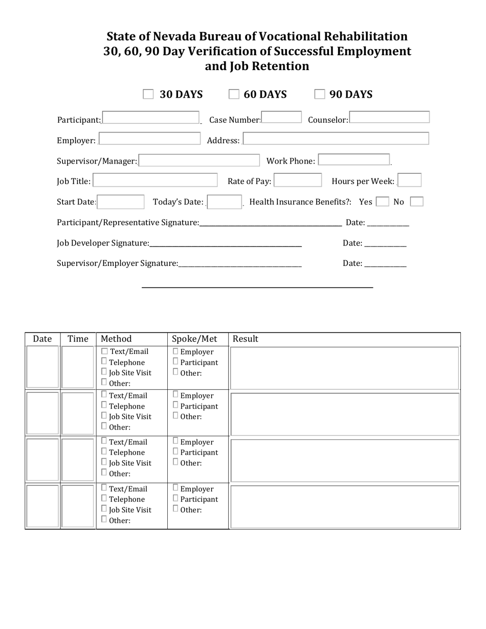 Nevada 30, 60, 90 Day Verification of Successful Employment and Job