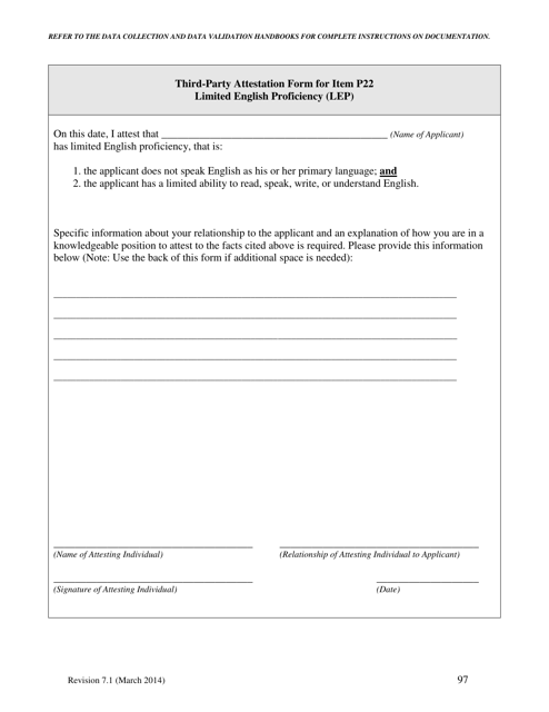 Third-Party Attestation Form for Item P22 Limited English Proficiency (Lep) - North Carolina