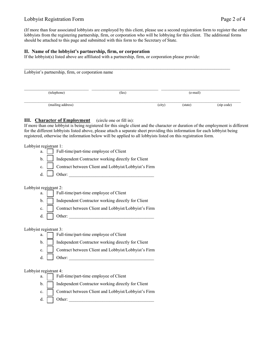 Lobbyist Registration Form - Multi-Lobbyists - New Hampshire, Page 2
