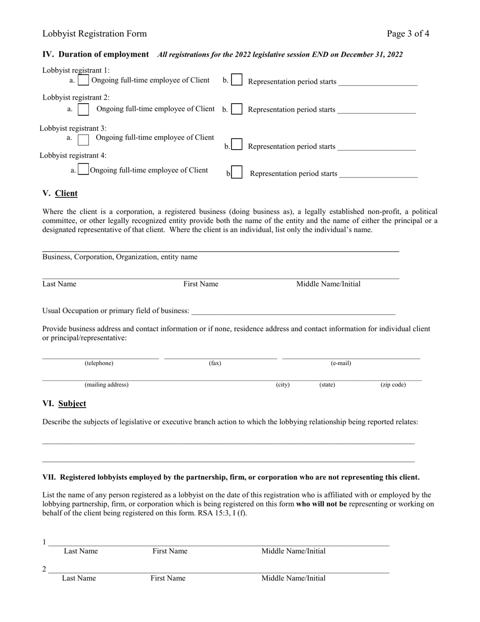 Lobbyist Registration Form - Multi-Lobbyists - New Hampshire, Page 3
