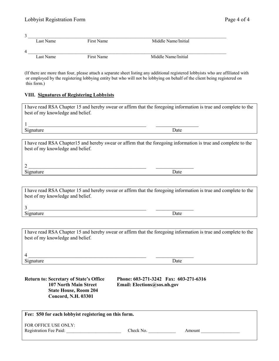 Lobbyist Registration Form - Multi-Lobbyists - New Hampshire, Page 4