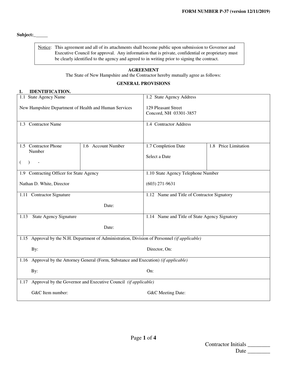 Form P-37 General Contract Agreement - New Hampshire, Page 1
