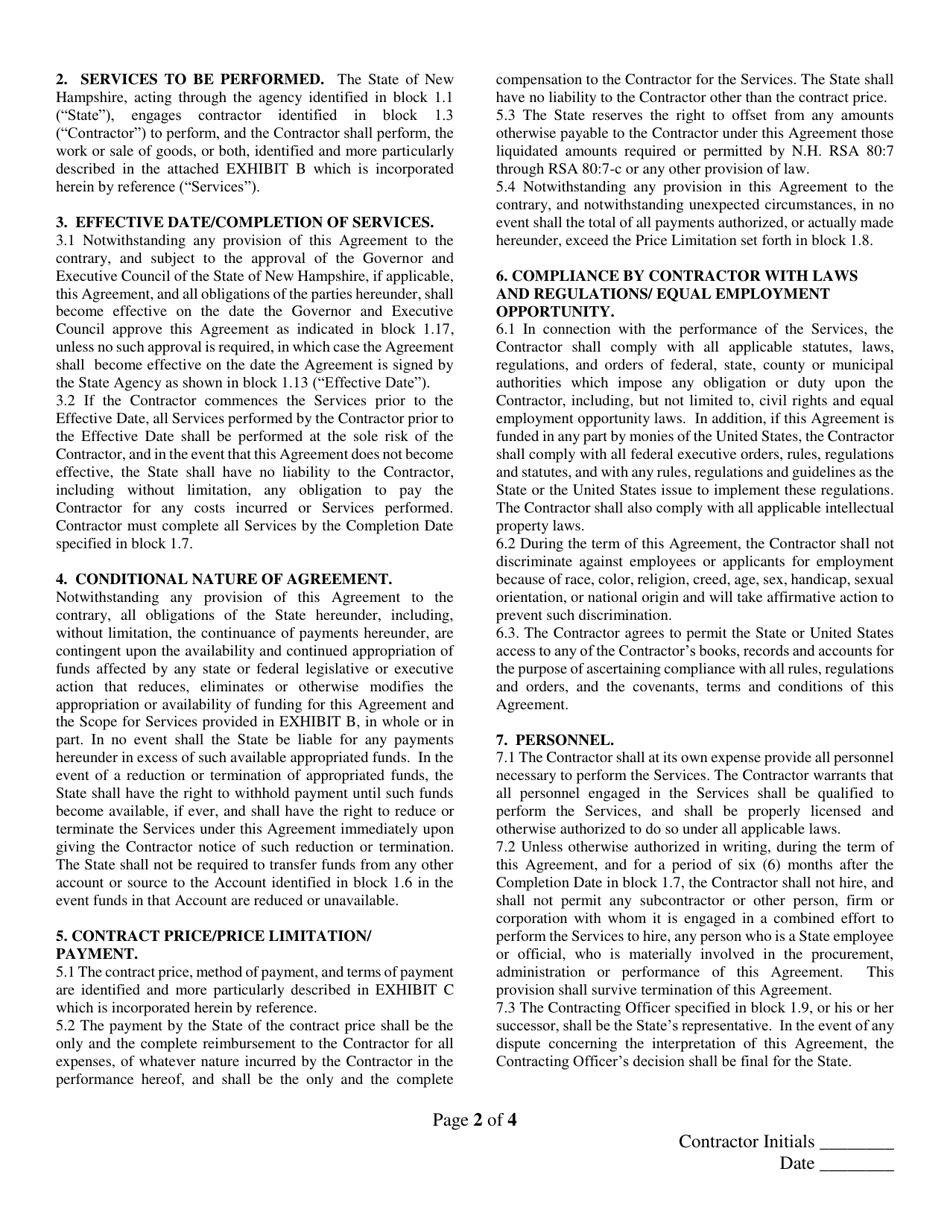 Form P-37 General Contract Agreement - New Hampshire, Page 2