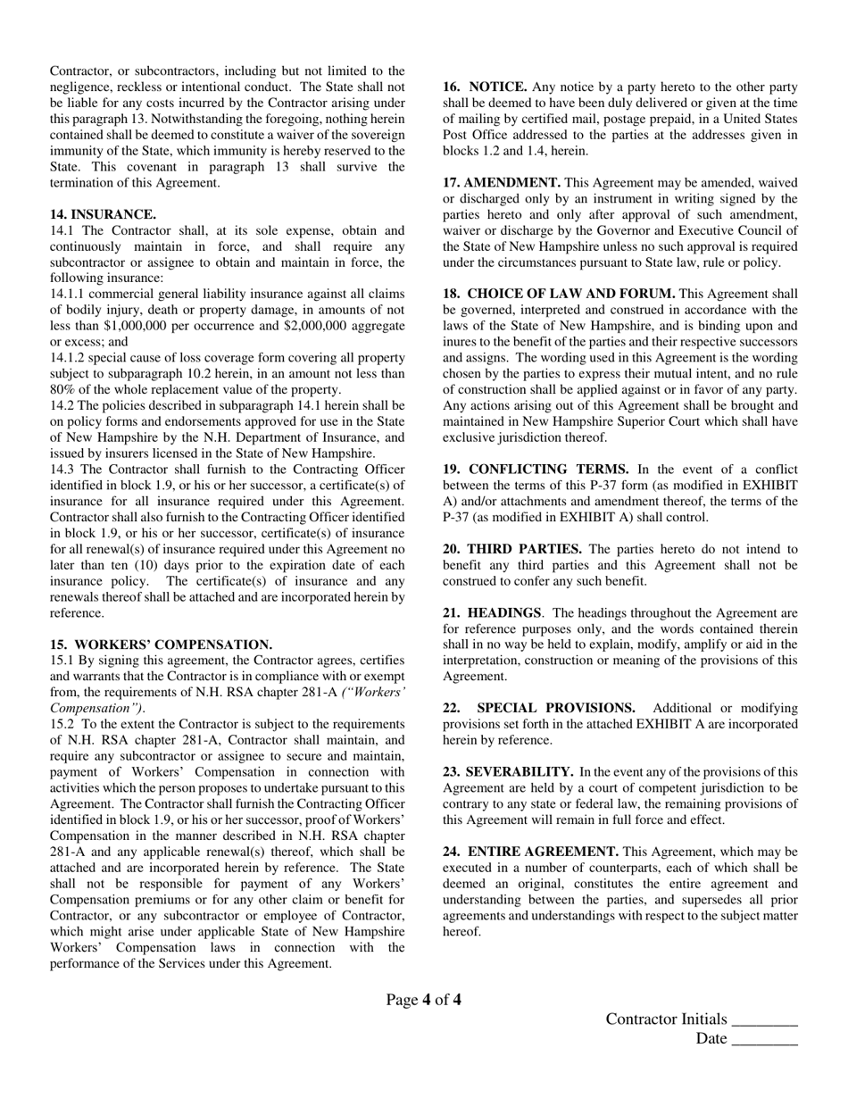 Form P-37 General Contract Agreement - New Hampshire, Page 4