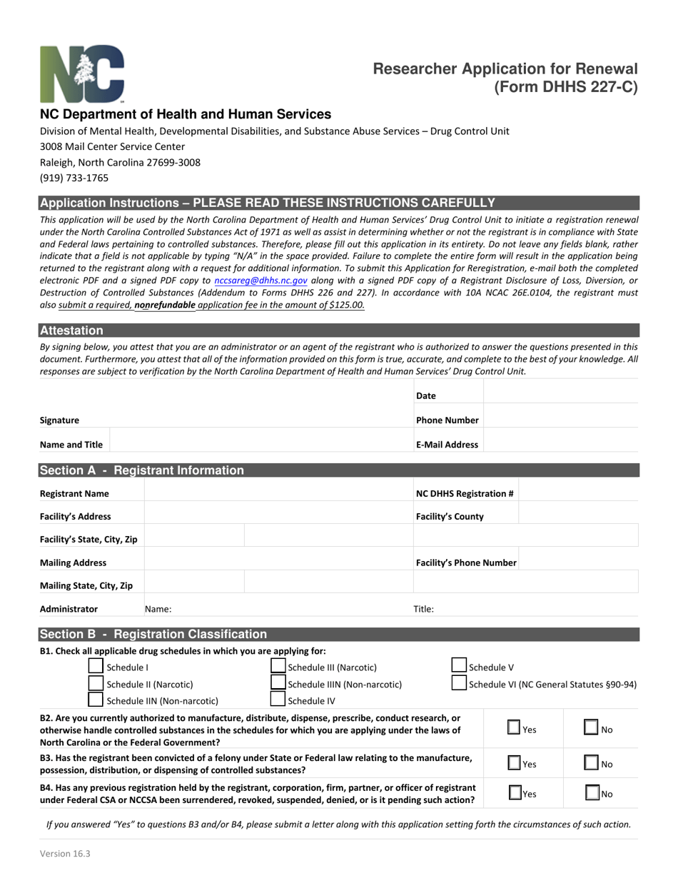 Form DHHS227-C Researcher Application for Renewal - North Carolina, Page 1