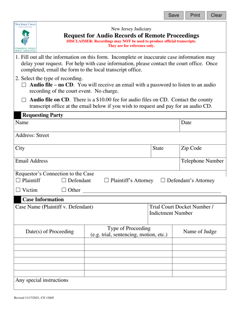 Form 12605 Request for Audio Records of Remote Proceedings - New Jersey