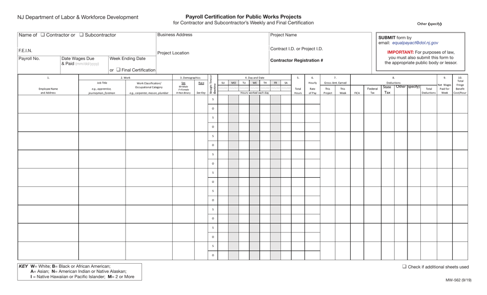 Form MW-562 Payroll Certification for Public Works Projects for Contractor and Subcontractors Weekly and Final Certification - New Jersey, Page 1