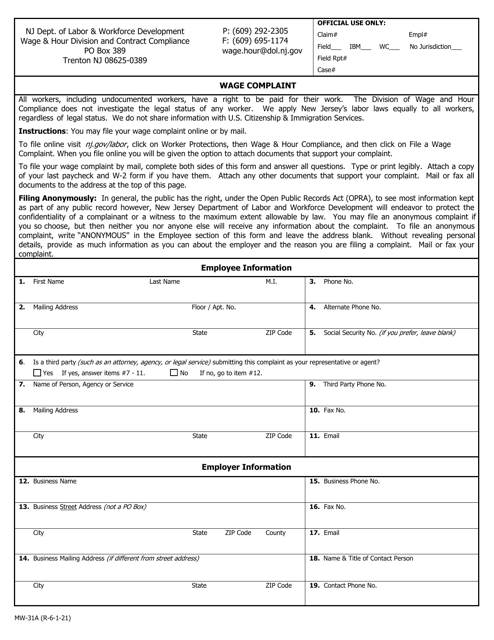 Form MW-31A Wage Complaint - New Jersey