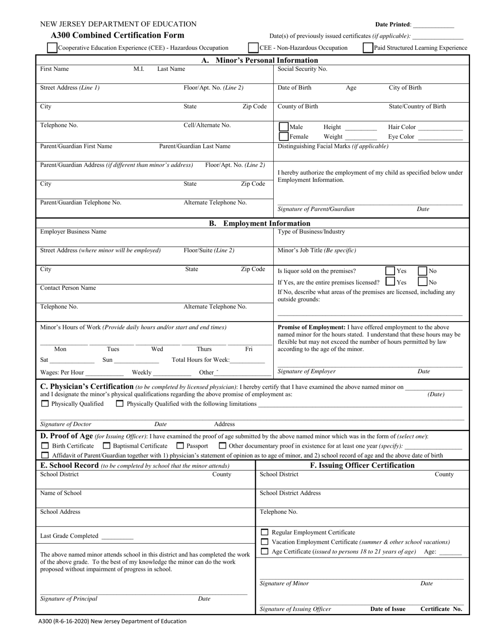 Form A300 Combined Certification Form - New Jersey, Page 1