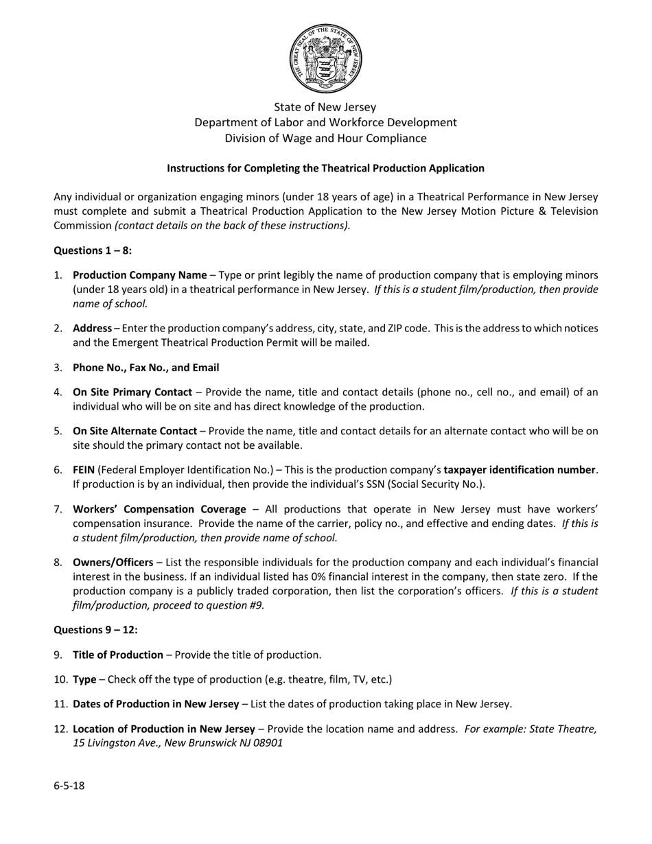 Theatrical Production Application - New Jersey, Page 1