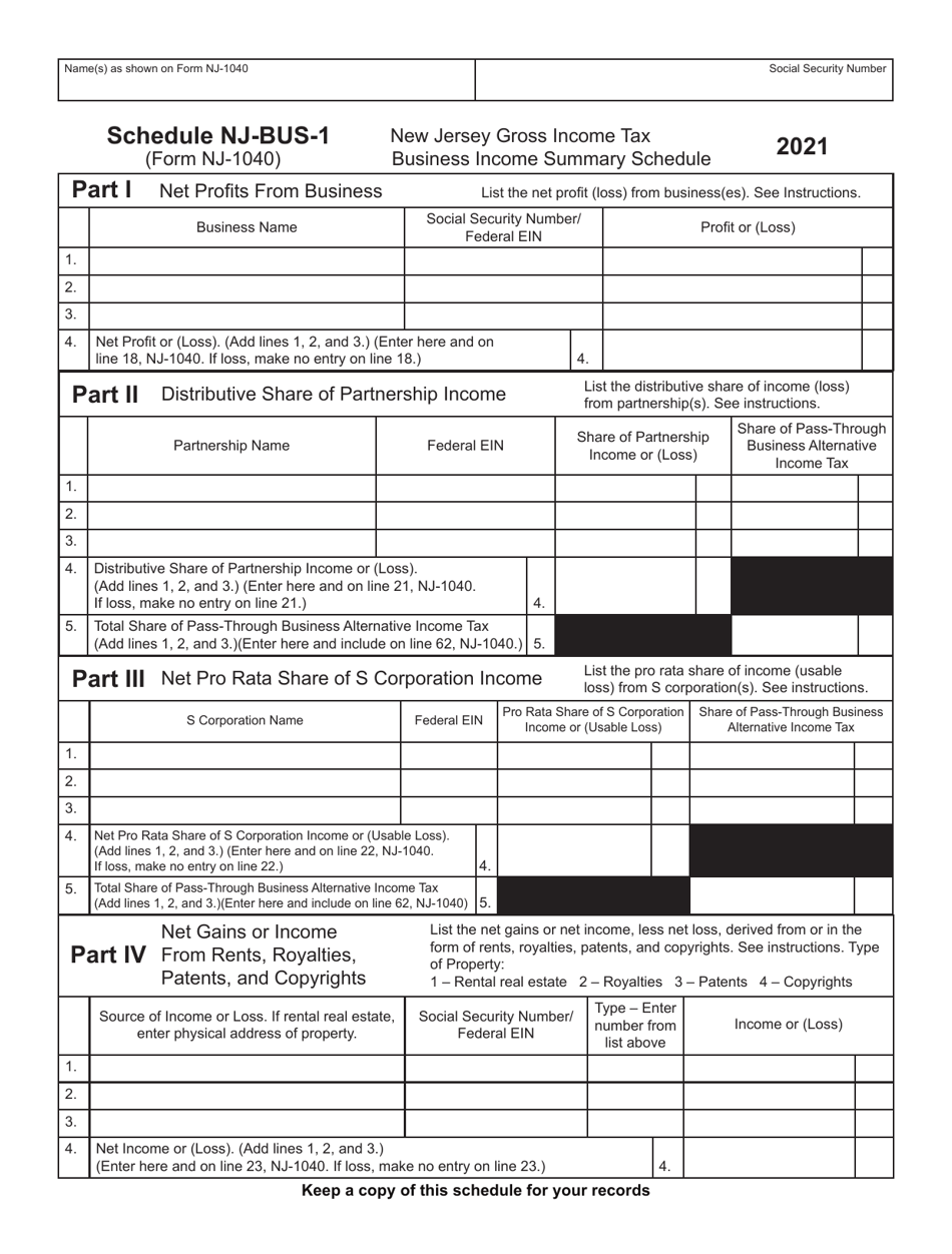 Form NJ-1040 Schedule NJ-BUS-1 New Jersey Gross Income Tax Business Income Summary Schedule - New Jersey, Page 1