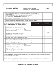 Document preview: Form NJ-1040 Schedule NJ-COJ Credit for Income or Wage Taxes Paid to Other Jurisdiction - New Jersey, 2021