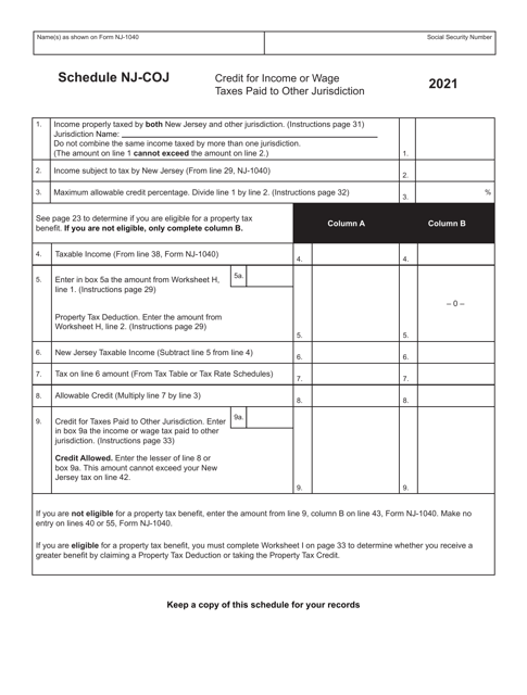 Form NJ-1040 Schedule NJ-COJ Credit for Income or Wage Taxes Paid to Other Jurisdiction - New Jersey, 2021