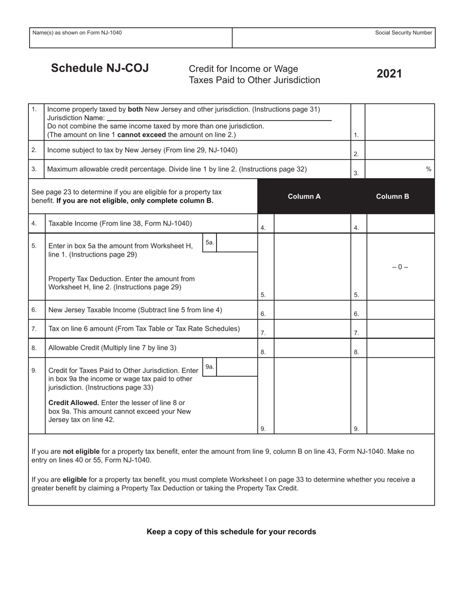Form NJ-1040 Schedule NJ-COJ Download Fillable PDF or Fill Online Credit for Income or Wage ...