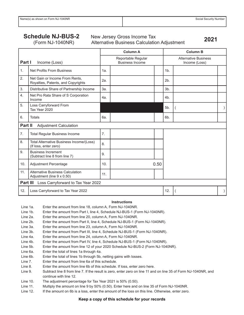 Form NJ1040NR Schedule NJBUS2 Download Fillable PDF or Fill Online