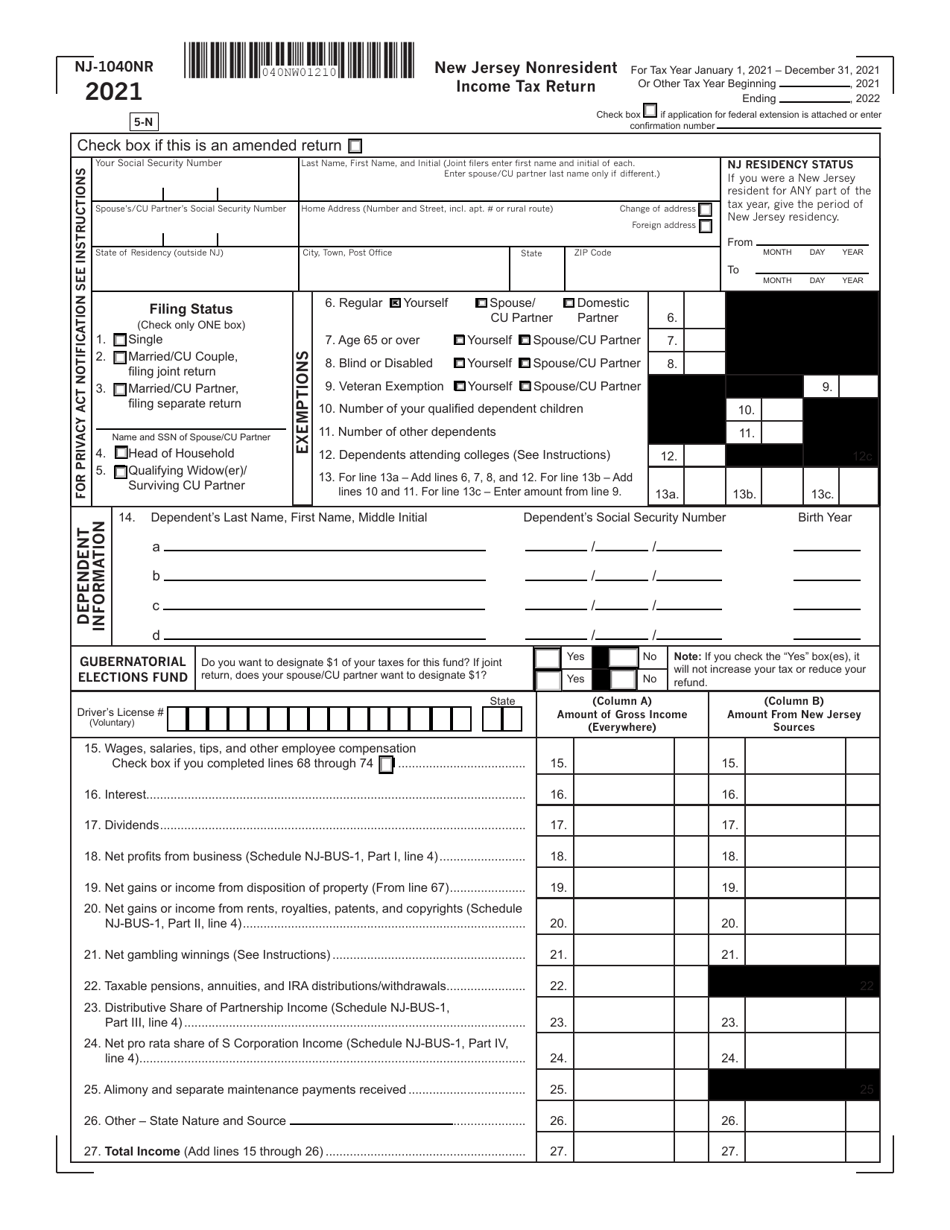 Form NJ-1040NR Nonresident Income Tax Return - New Jersey, Page 1